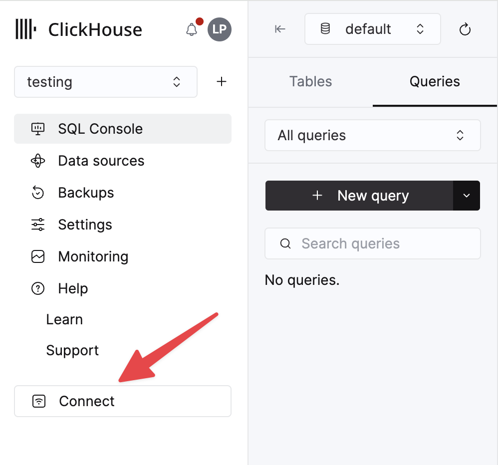 ClickHouse Cloud service connect button